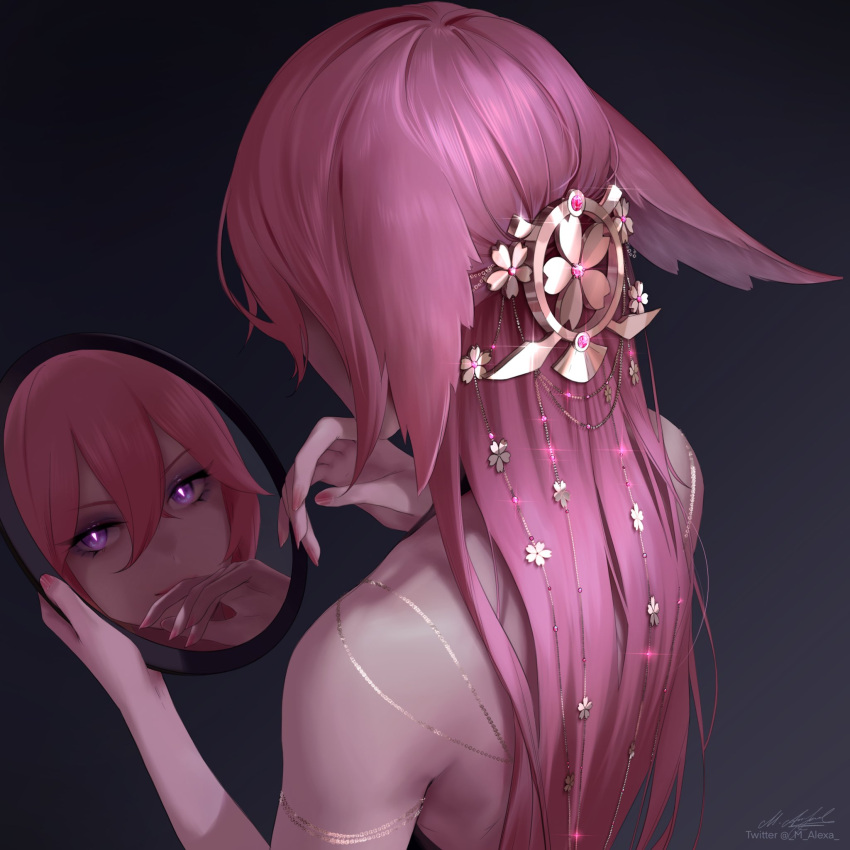 1girl, animal_ears, back, floppy_ears, fox_ears, from_behind, genshin_impact, hair_between_eyes