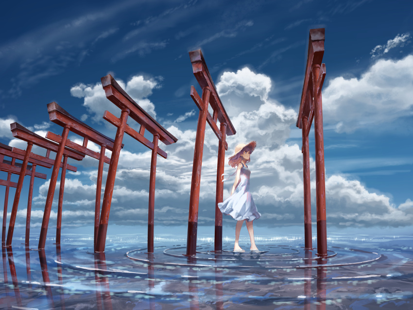 1girl, absurdres, arms_behind_back, barefoot, blonde_hair, blue_eyes, clouds, copyright_request