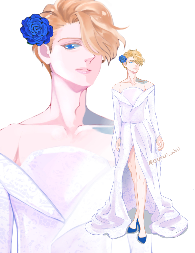 1boy, adam's_apple, blonde_hair, blue_flower, blue_footwear, coconoe_o0o0, collarbone, crossdressing
