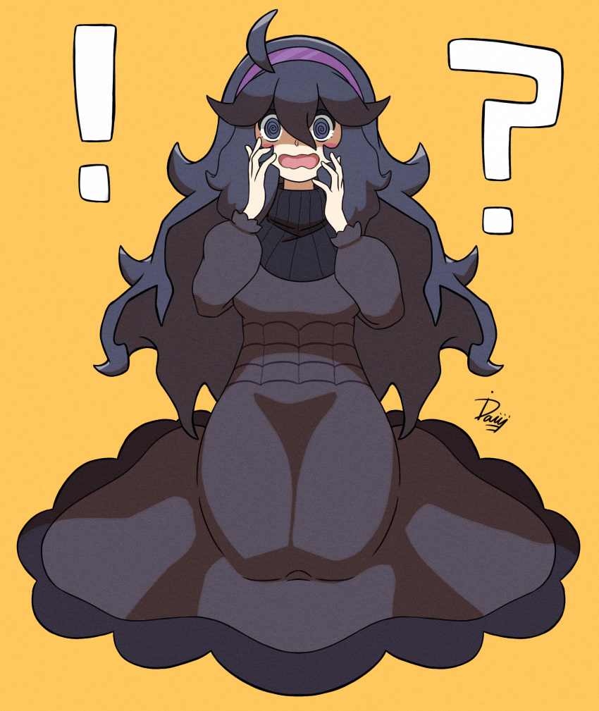 !, 1girl, ?, @_@, absurdres, ahoge, bangs, black_hair