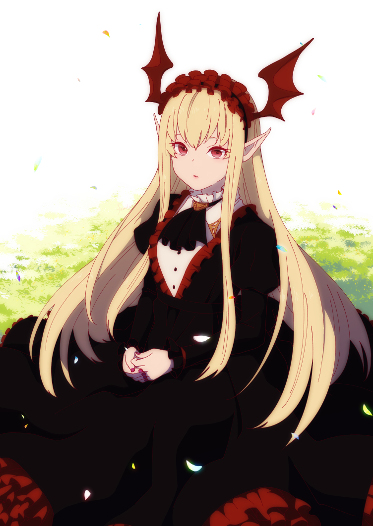 1girl, ascot, bangs, bat_wings, black_ascot, black_dress, blonde_hair, dress