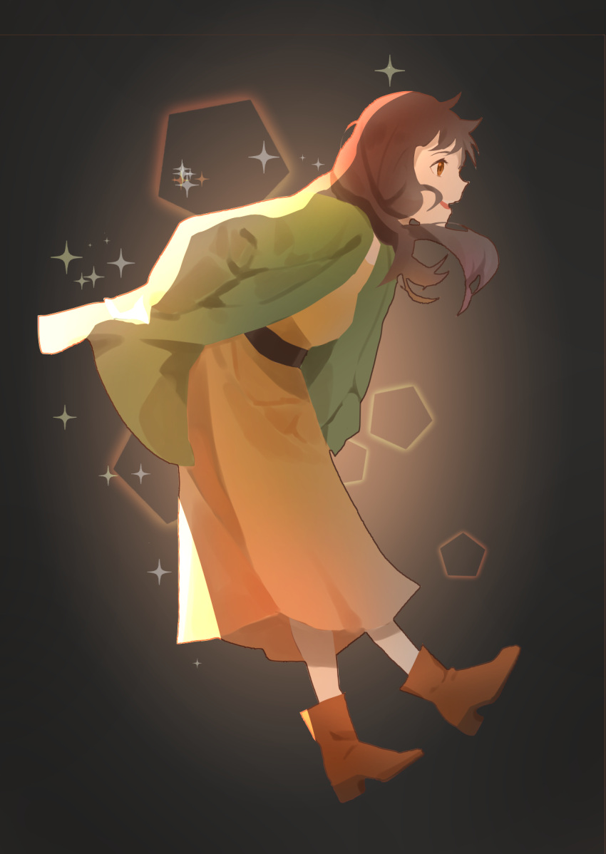 1girl, brown_dress, brown_eyes, brown_footwear, brown_hair, dress, full_body, gradient, gradient_background, green_jacket, grey_background, highres, jacket, long_hair, open_mouth, original, shoes, simple_background, sparkle, yuiyimi