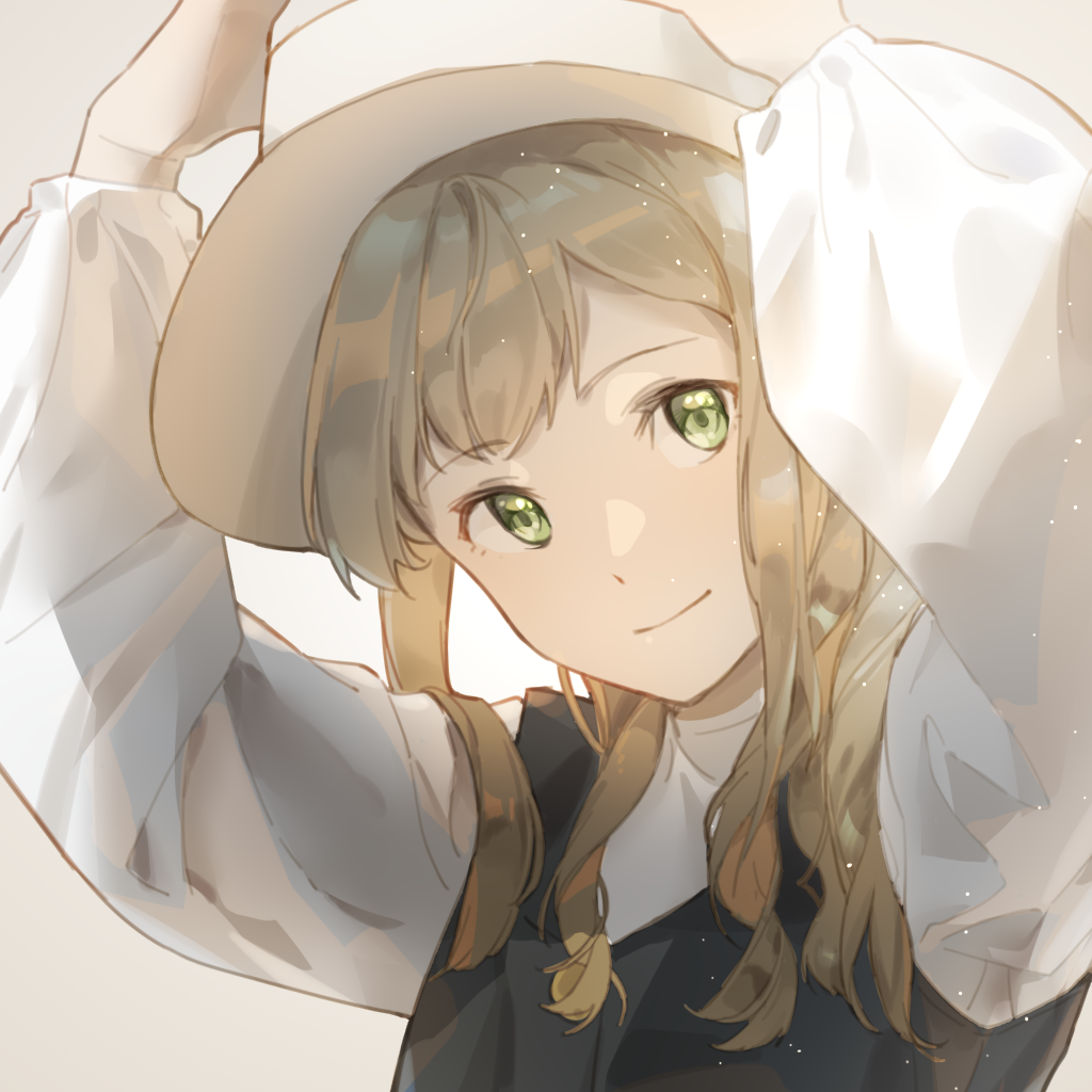 1girl, arms_up, brown_hair, green_eyes, hat, long_hair, long_sleeves, looking_at_viewer