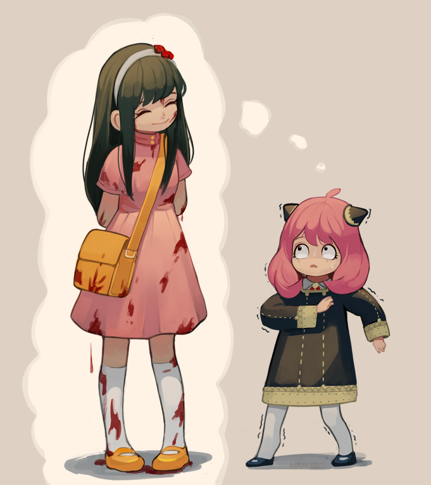 2girls, ^_^, anya_(spy_x_family), bag, black_dress, black_eyes, blood, blood_on_clothes