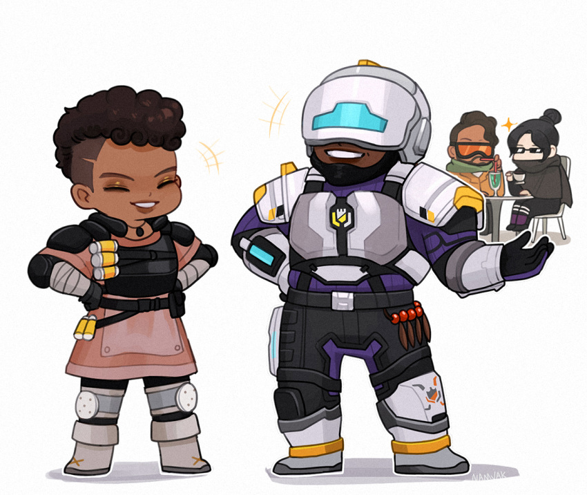 2boys, 2girls, ^_^, apex_legends, armor, bangalore_(apex_legends), black_gloves, black_headwear