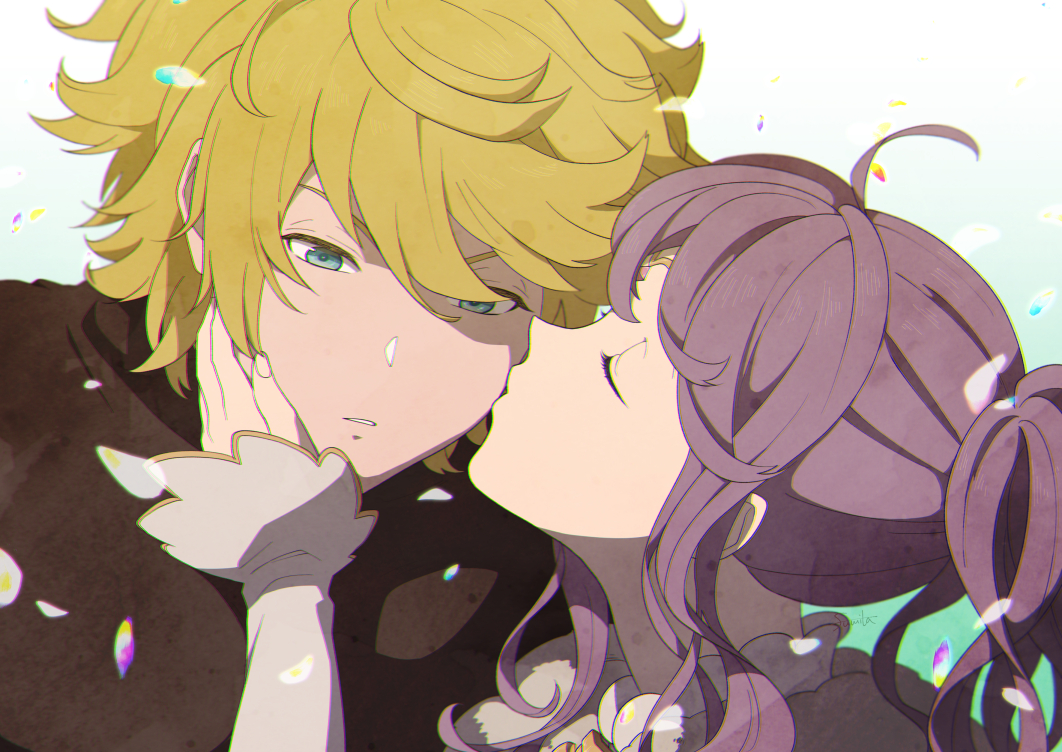 1boy, 1girl, bangs, blonde_hair, closed_eyes, gawain_(granblue_fantasy), granblue_fantasy, green_eyes