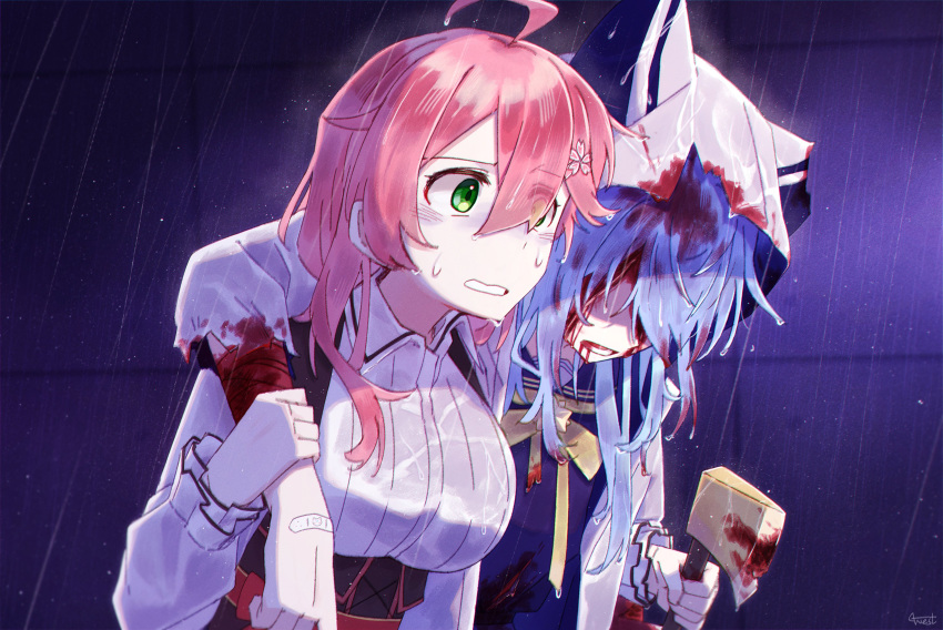 2girls, absurdres, arm_around_shoulder, axe, bandaid, bandaid_on_hand, blood, blood_from_mouth