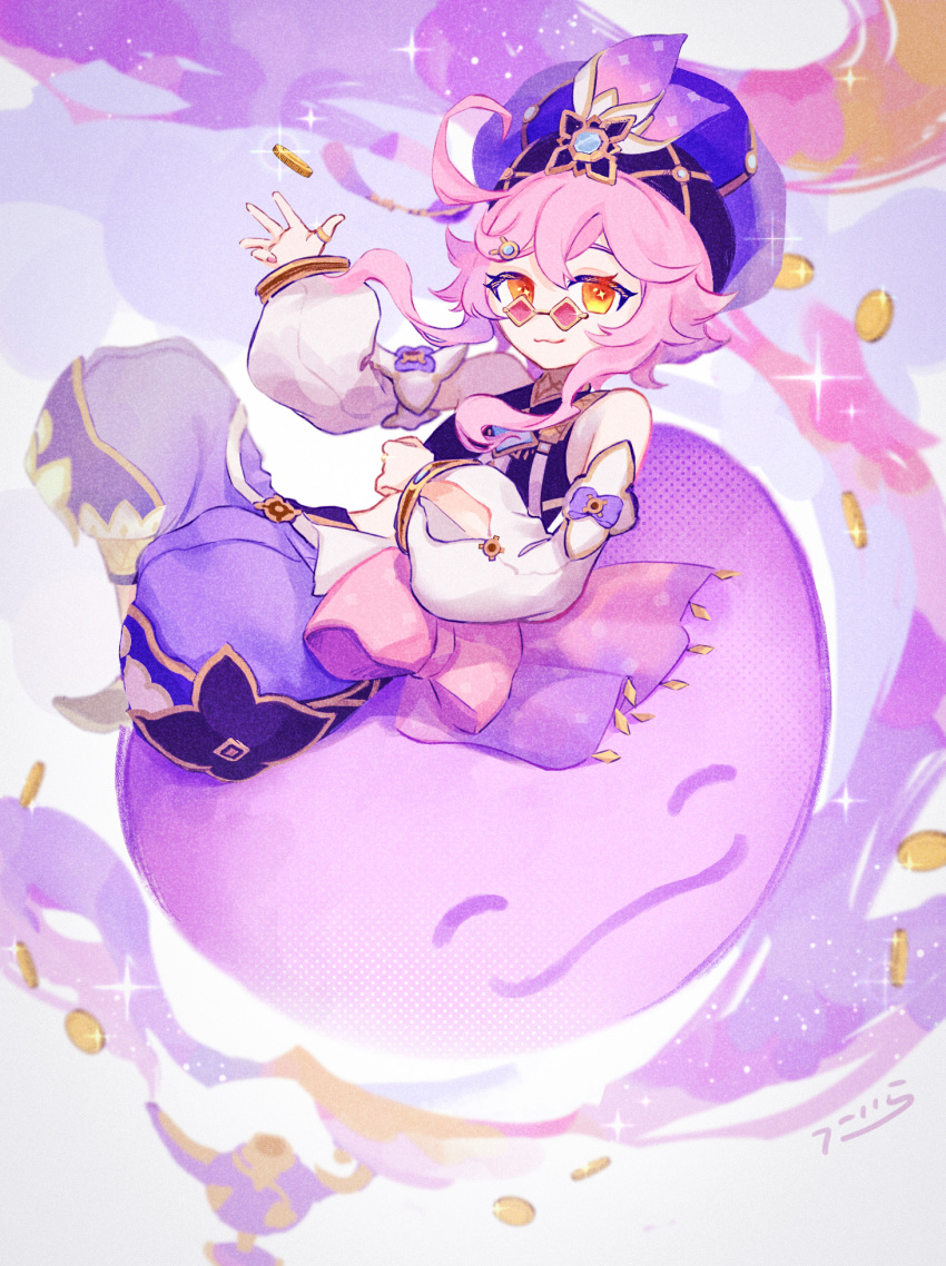 1girl, ^_^, ahoge, bangs, closed_eyes, coin, detached_sleeves, dori_(genshin_impact), genshin_impact, hair_ornament, harem_outfit, harem_pants, hat, highres, looking_at_viewer, oil_lamp, orange_eyes, pants, pince-nez, pink_hair, purple_headwear, short_hair_with_long_locks, signature, simple_background, sitting, solo, sparkle, tatata_taira, white_sleeves