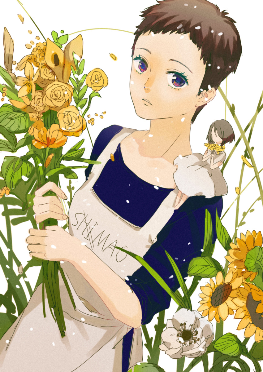 1girl, absurdres, apron, bouquet, brown_hair, character_name, flower, highres