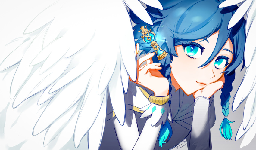 1boy, aqua_eyes, aqua_hair, bangs, blue_hair, braid, chess_piece, closed_mouth