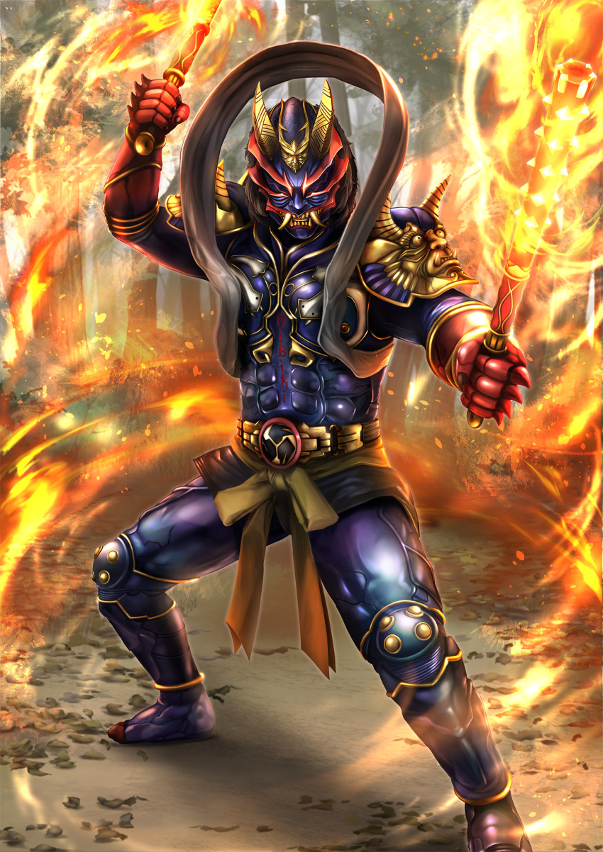 1boy, another_hibiki_(zi-o), another_rider_(zi-o), armor, bachi, black_hair, clenched_teeth, club_(weapon), creature, demon, demon_horns, dual_wielding, evil, fangs, fire, forest, gloves, gold_horns, highres, holding, horns, japanese_clothes, kamen_rider, kamen_rider_zi-o_(series), karasu820621, looking_at_viewer, messy_hair, monster, nature, no_eyes, oni, oni_horns, open_mouth, plectrum, purple_armor, red_gloves, red_nails, sharp_teeth, shoulder_armor, solo, spiked_club, teeth, weapon