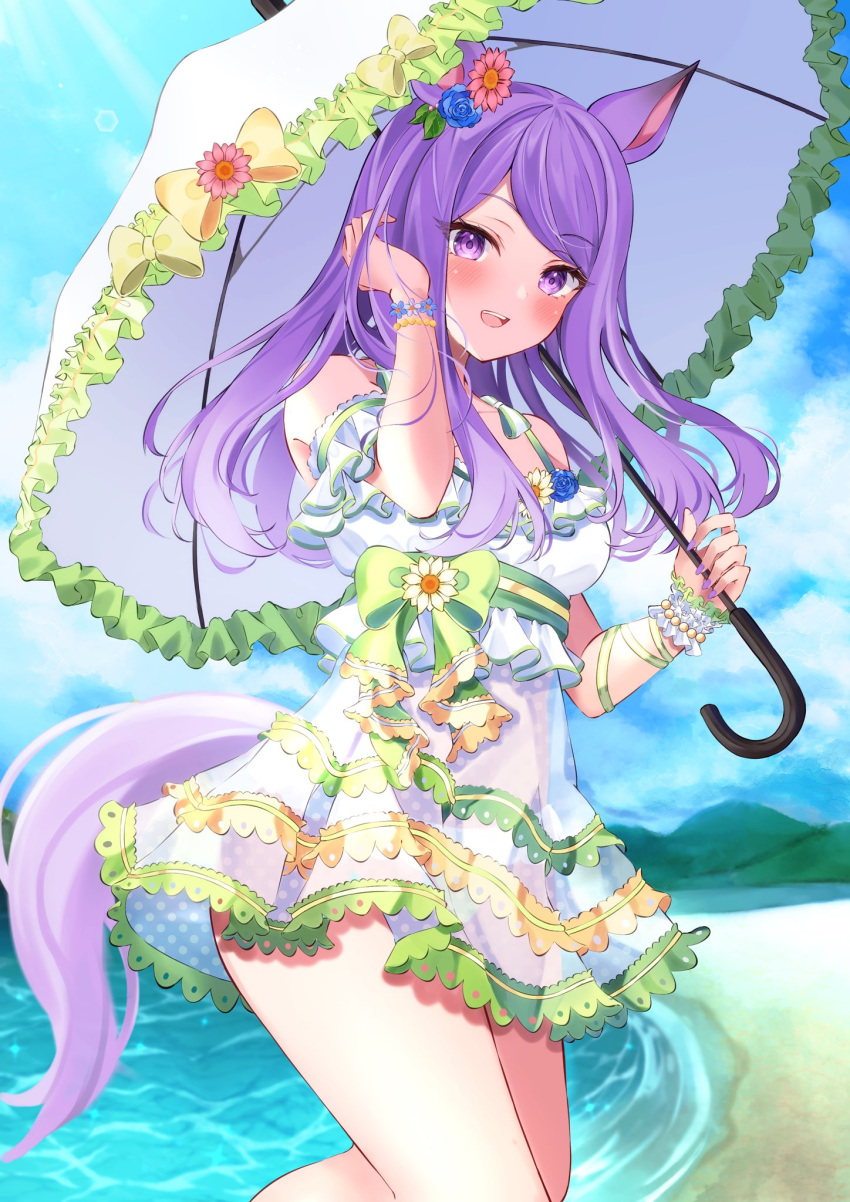 1girl, alternate_costume, animal_ears, beach, breasts, commentary_request, hair_ornament, highres