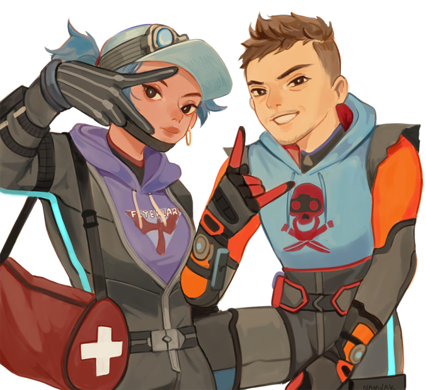 1boy, 1girl, \m/, animification, apex_legends, bag, baseball_cap, belt