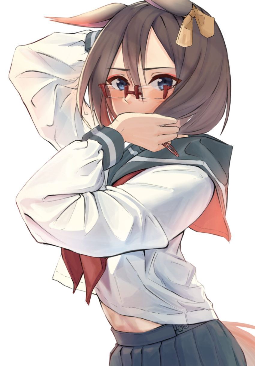 1girl, air_groove_(umamusume), alternate_costume, animal_ears, arm_behind_head, bespectacled, brown_hair, covering_mouth