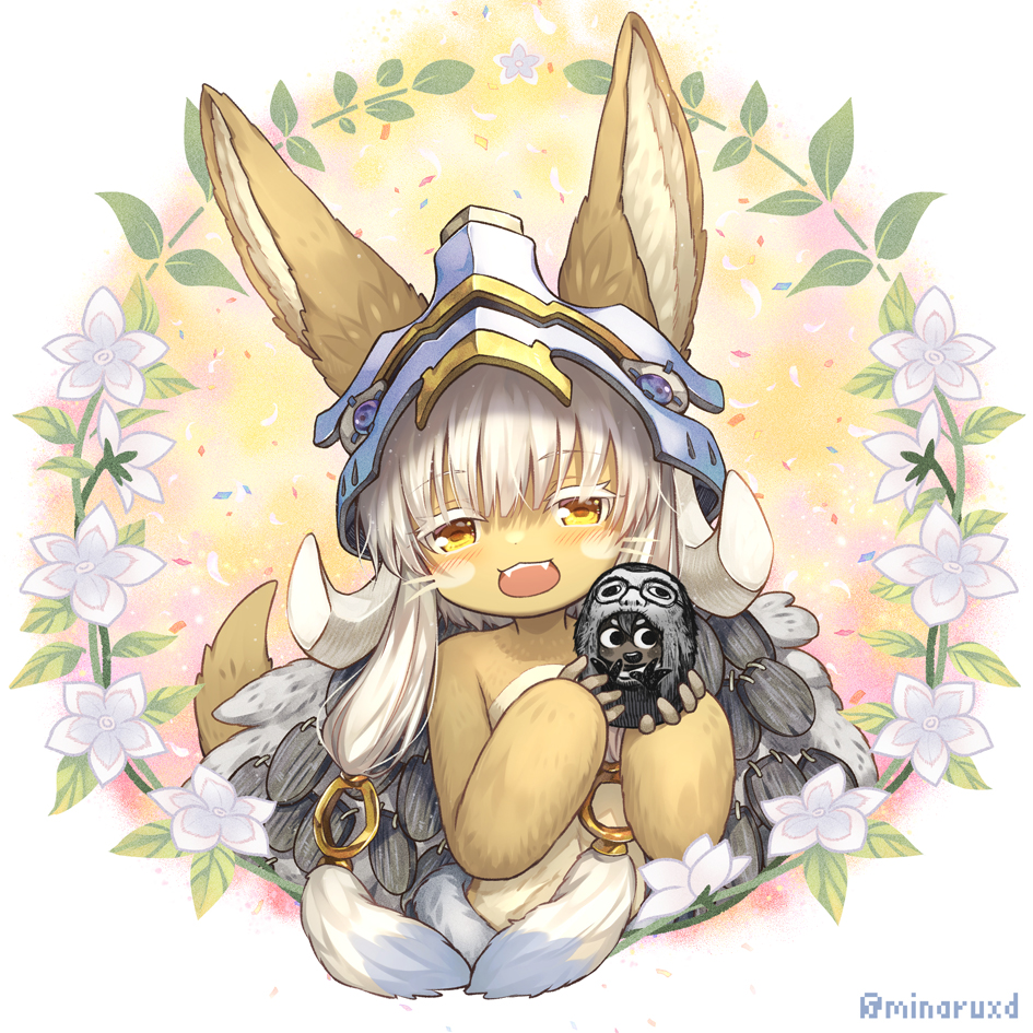 1other, animal_ears, blackcat_(blackcatbox), blush, brown_fur, commentary_request, confetti, fangs