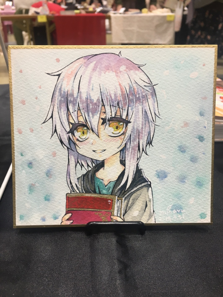 1other, aqua_shirt, blackcat_(blackcatbox), book, commentary_request, dated, grey_hair, grey_hoodie