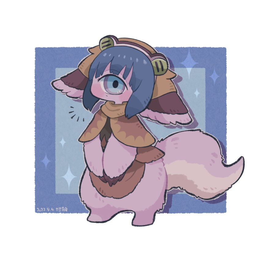 1girl, animal_ears, apron, aqua_background, artist_name, bangs, blue_background, blue_eyes, blue_hair, blunt_bangs, blush, border, brown_apron, brown_capelet, brown_headwear, brown_shirt, capelet, closed_mouth, cyclops, dated, full_body, furry, karin_(100100), looking_at_viewer, made_in_abyss, notice_lines, one-eyed, outside_border, pakkoyan, purple_fur, shirt, short_hair, solo, sparkle, standing, tail, v_arms, violet_eyes, white_border