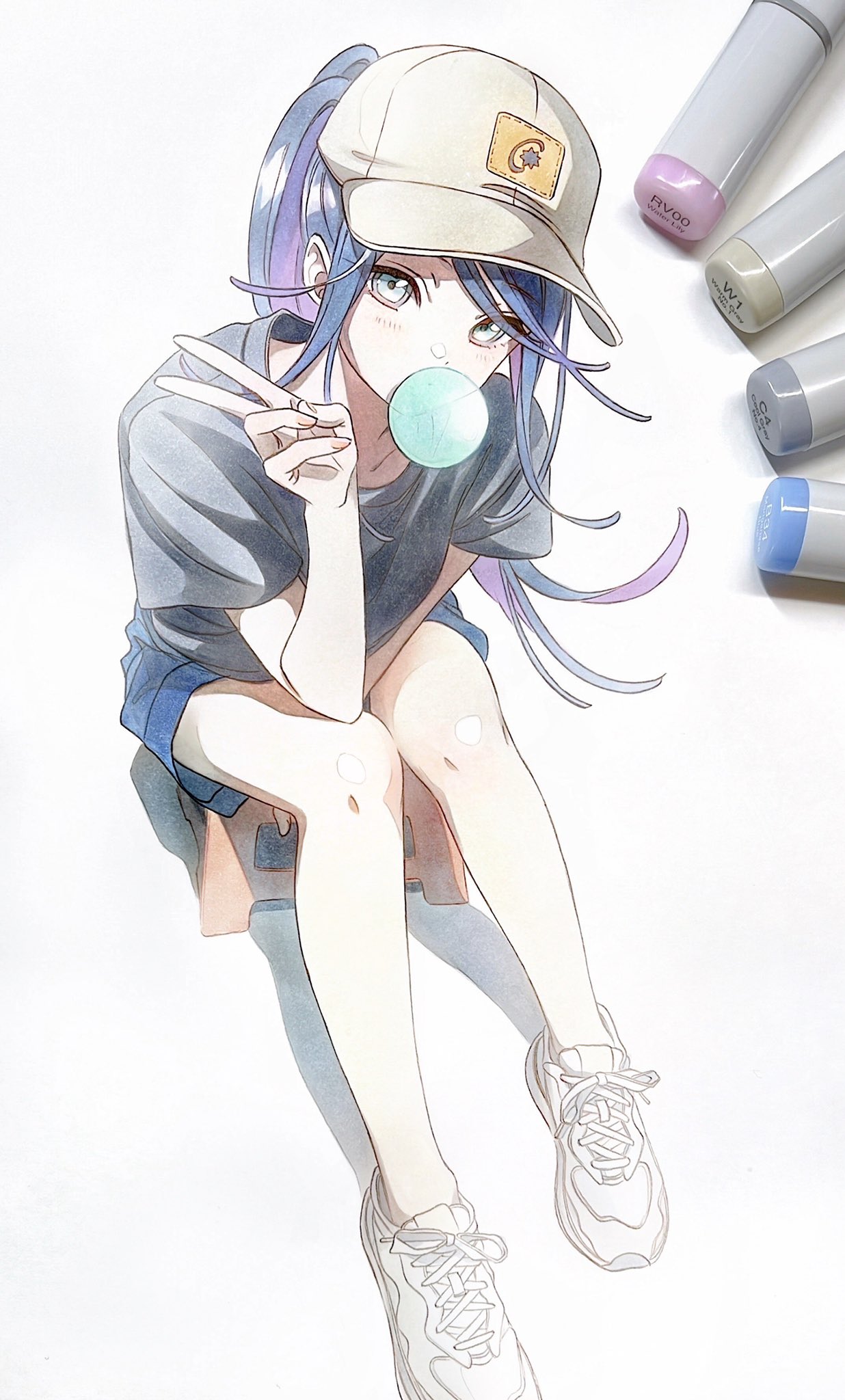 1girl, bangs, bare_legs, baseball_cap, bench, between_legs, black_hair, black_shirt, breasts, chewing_gum, collarbone, denim, denim_shorts, dot_nose, elbow_on_knee, elbow_rest, fingernails, from_above, full_body, graphite_(medium), grey_eyes, hand_between_legs, hand_up, hat, high_ponytail, highres, hoshino_ichika_(project_sekai), knees_together_feet_apart, light_blush, looking_at_viewer, looking_up, marker_(medium), multicolored_hair, on_bench, pato_(ptro), photo_(medium), project_sekai, purple_hair, shade, shadow, shiny, shiny_hair, shirt, shoes, shooting_star, short_sleeves, shorts, simple_background, sitting, small_breasts, sneakers, solo, star_(symbol), straight_hair, streaked_hair, swept_bangs, t-shirt, traditional_media, tsurime, v, white_background, yellow_headwear