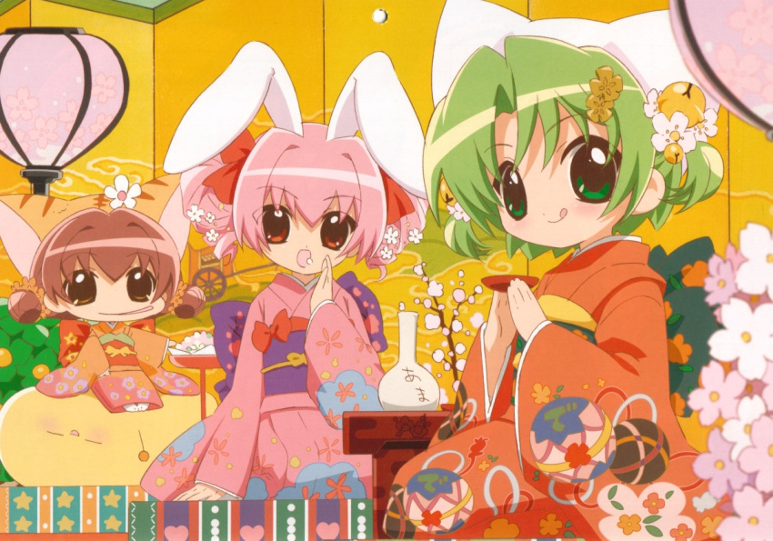 3girls, :q, broccoli_(company), brown_hair, bunny_ears, dejiko, di_gi_charat, eyebrows_visible_through_hair