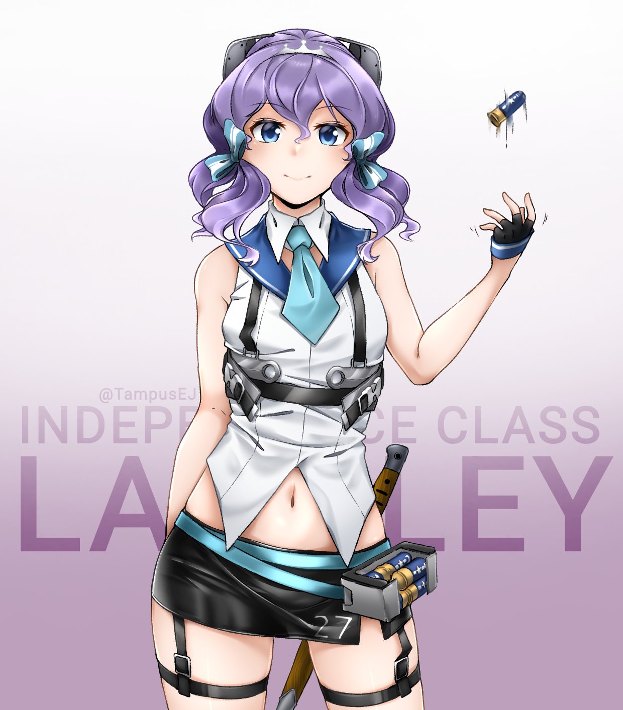 1girl, black_gloves, black_skirt, blue_eyes, blue_necktie, breasts, character_name, cowboy_shot