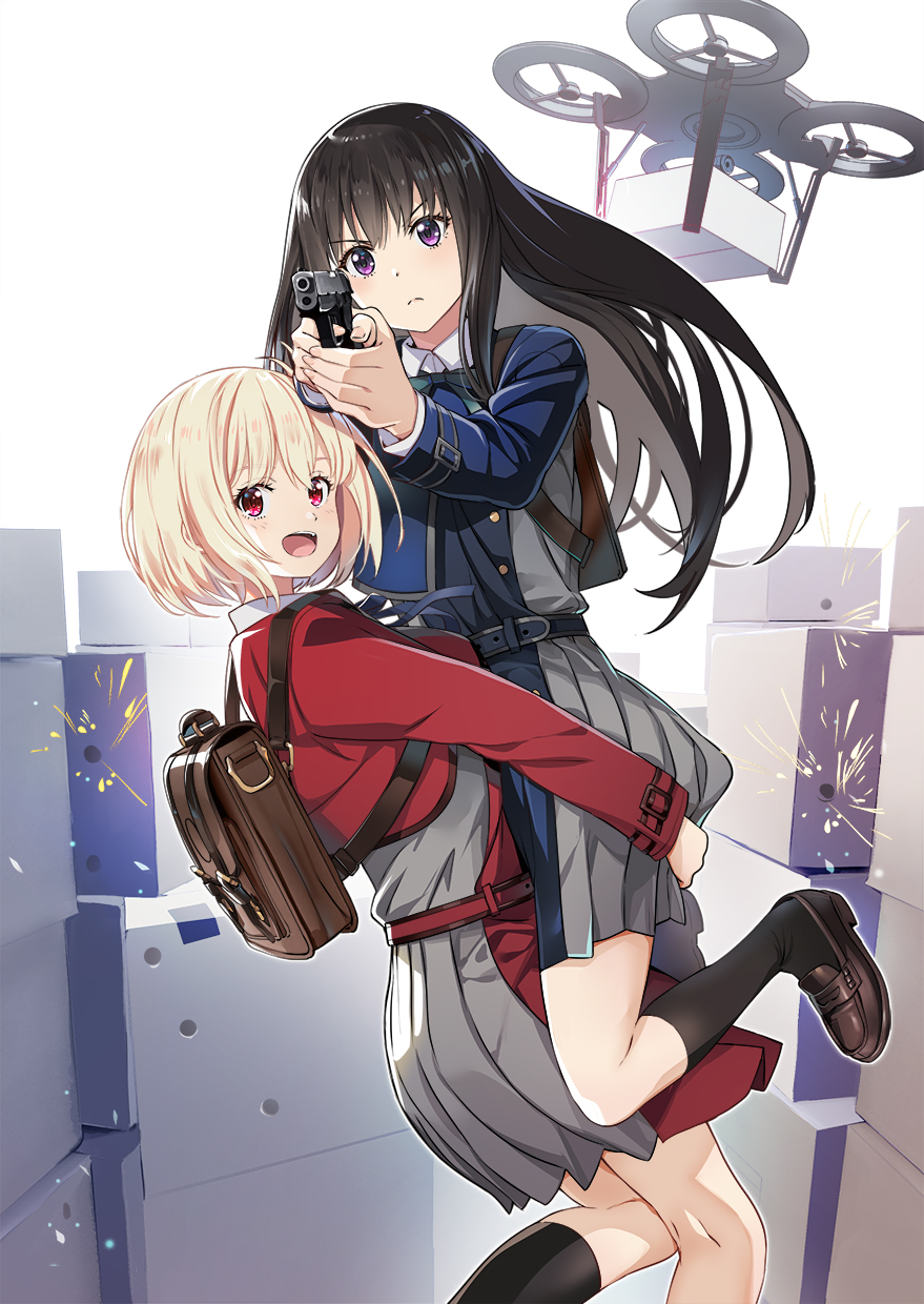 2girls, backpack, bag, bangs, black_hair, black_socks, blonde_hair, blue_dress
