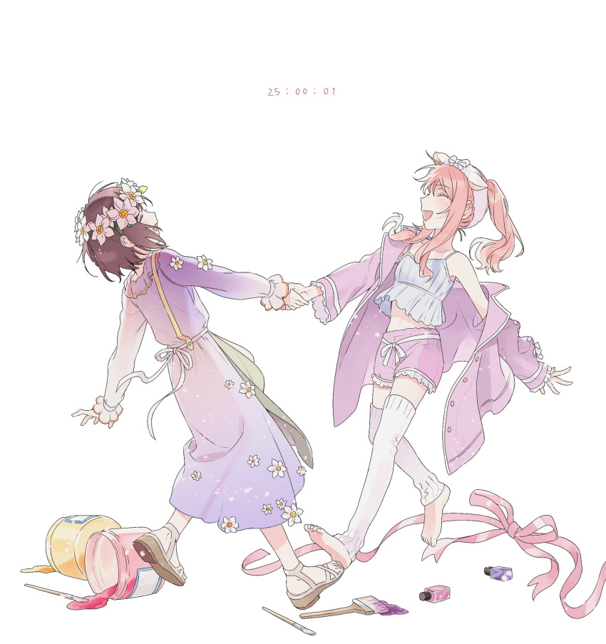 1girl, 1other, ^_^, akiyama_mizuki, ankle_strap, apron, arm_at_side, art_brush