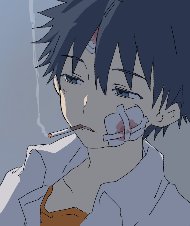 1boy, bandages, black_hair, blood, blood_on_bandages, cigarette, half-closed_eyes, if959u