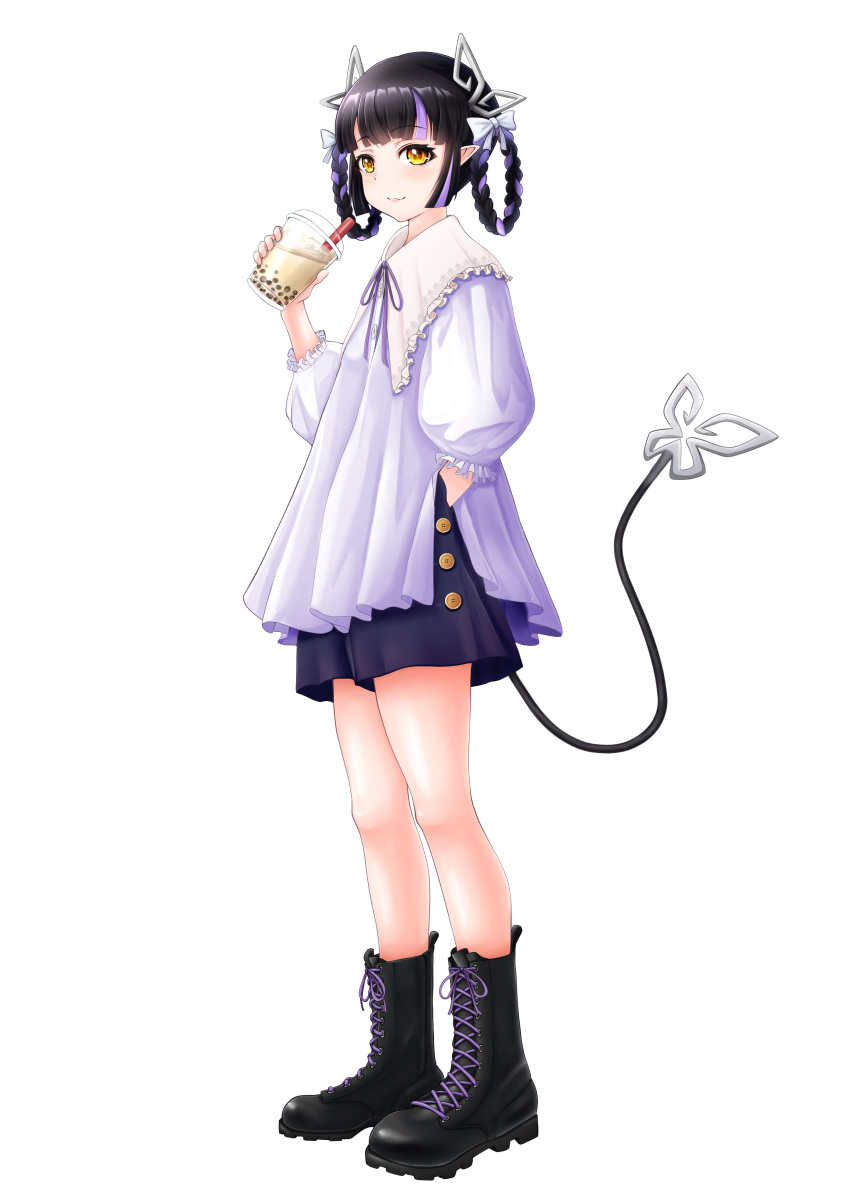 1girl, absurdres, alternate_costume, alternate_hairstyle, bangs, black_footwear, black_hair, black_skirt