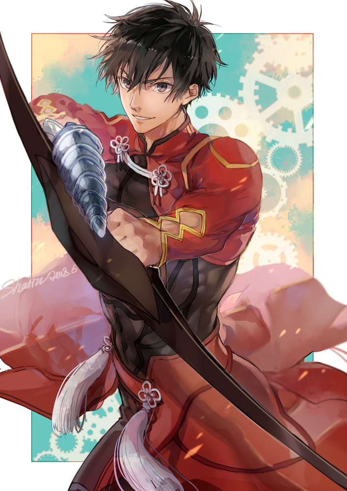 1boy, arash_(fate), archer_(fate), archer_(fate)_(cosplay), armor, artist_name, bangs, black_armor