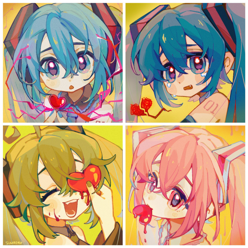 blood, blood_on_face, blue_hair, broken_heart, crying, crying_with_eyes_open, green_hair, hatsune_miku, heart, heart_in_mouth, highres, necktie, open_mouth, pink_hair, suuroku, tagme, tears, twintails, vocaloid, yellow_background