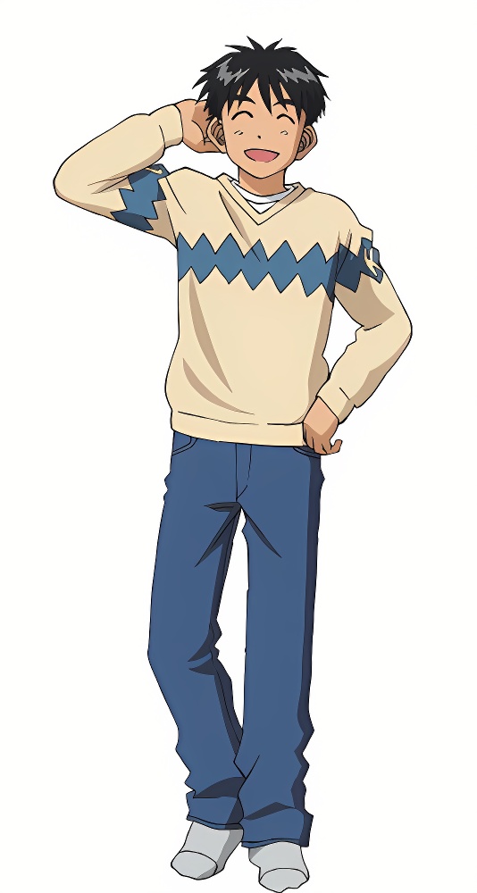 1boy, aa_megami-sama, ah_my_goddess, black_hair, blue_trousers, closed_eyes, dark_hair, eyebrows, hand_behind_head, happy, human, laughing, male, morisato_keiichi, official_art, shirt, socks, standing, sweater, trousers