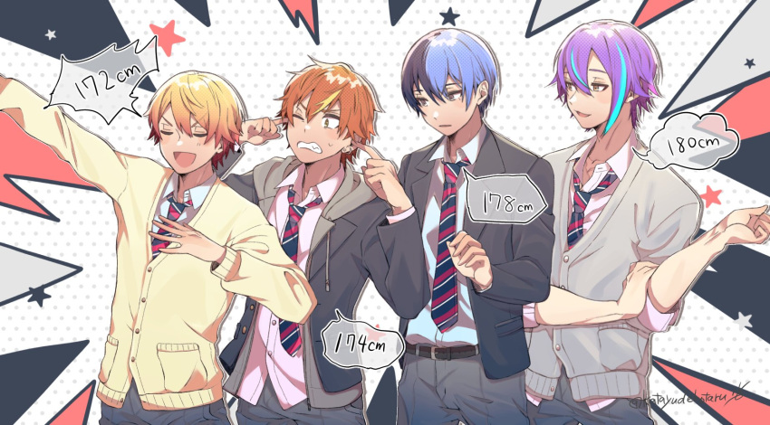 4boys, adam's_apple, annoyed, aoyagi_touya, aqua_hair, belt, black_belt, black_hair