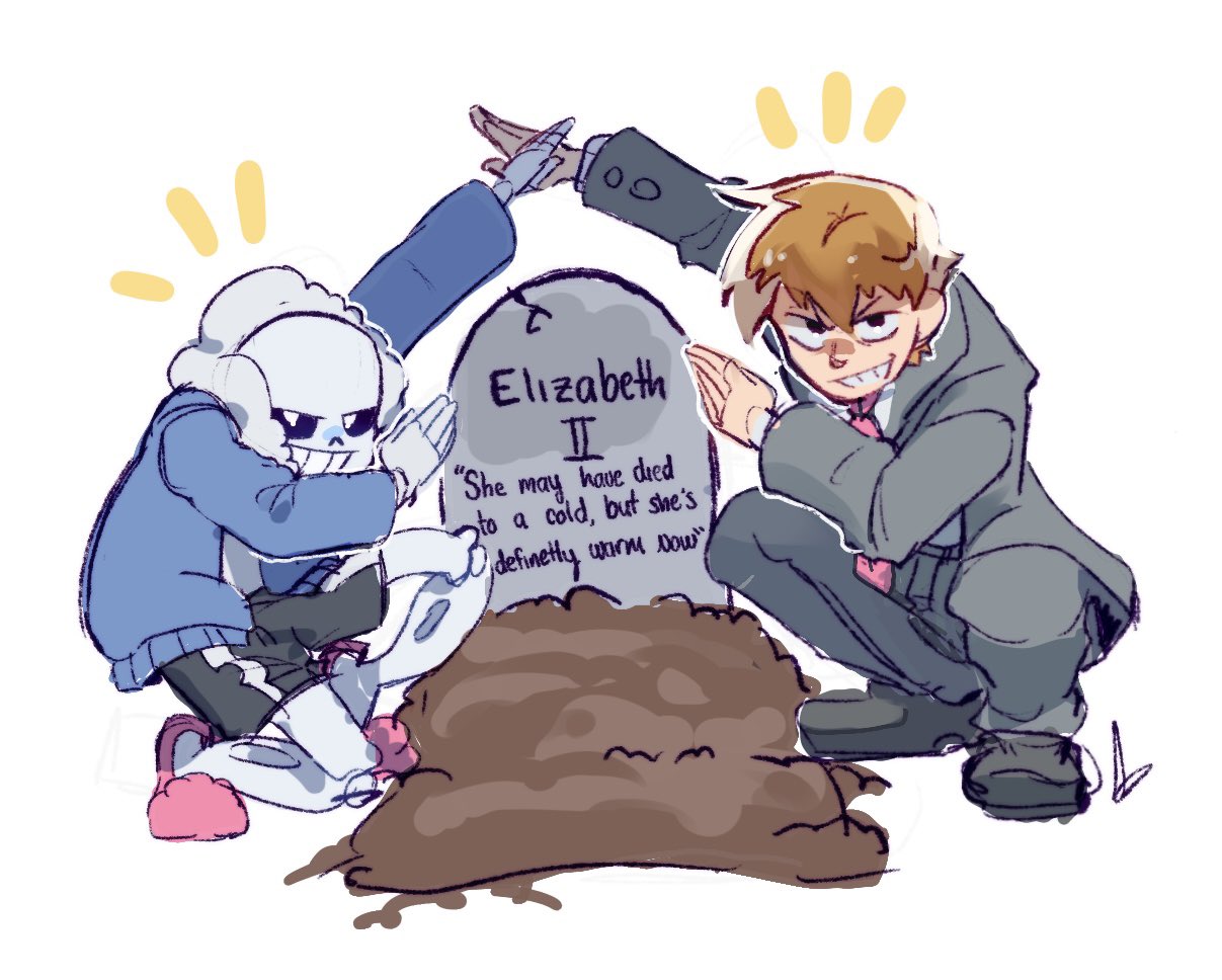 2boys, crossover, dab_(dance), elizabeth_ii, english_commentary, english_text, formal, full_body, fur-trimmed_hood, fur_trim, grin, halooh, hood, hoodie, long_sleeves, male_focus, meme, mob_psycho_100, multiple_boys, necktie, notice_lines, one_knee, orange_hair, pink_necktie, real_life, reigen_arataka, sans_(undertale), short_hair, simple_background, skeleton, slippers, smile, squatting, suit, tombstone, tumblr_sexyman_tournament, undertale, white_background