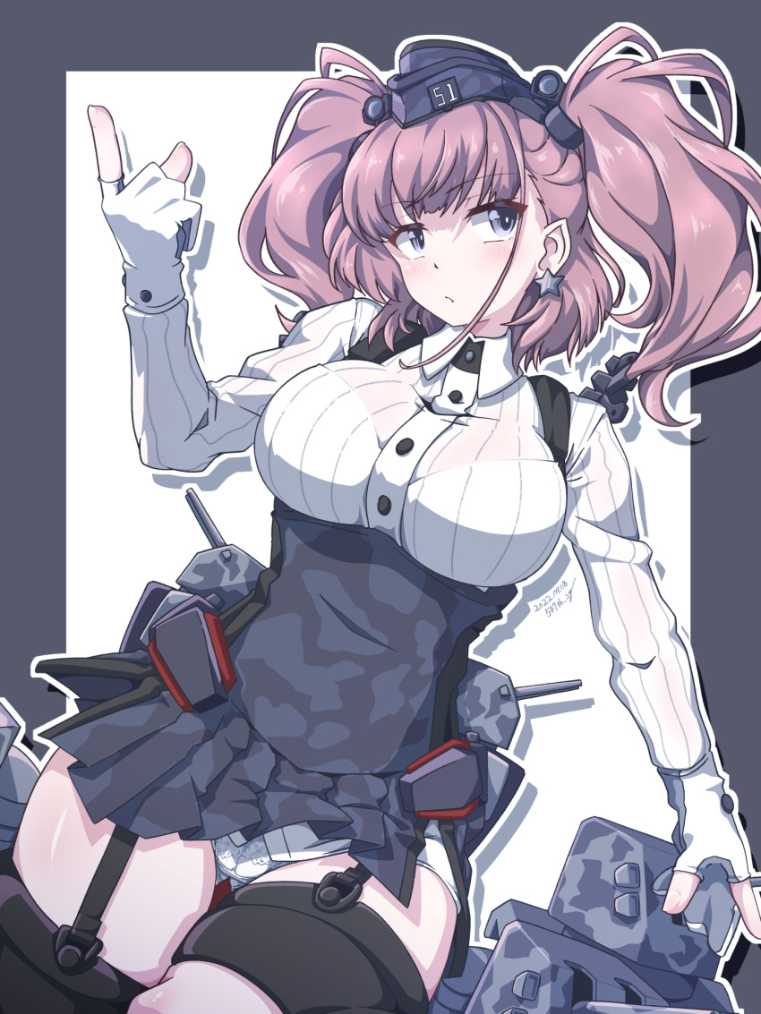 1girl, 547th_sy, anchor_hair_ornament, anti-aircraft, anti-aircraft_gun, atlanta_(kancolle), black_headwear, black_skirt
