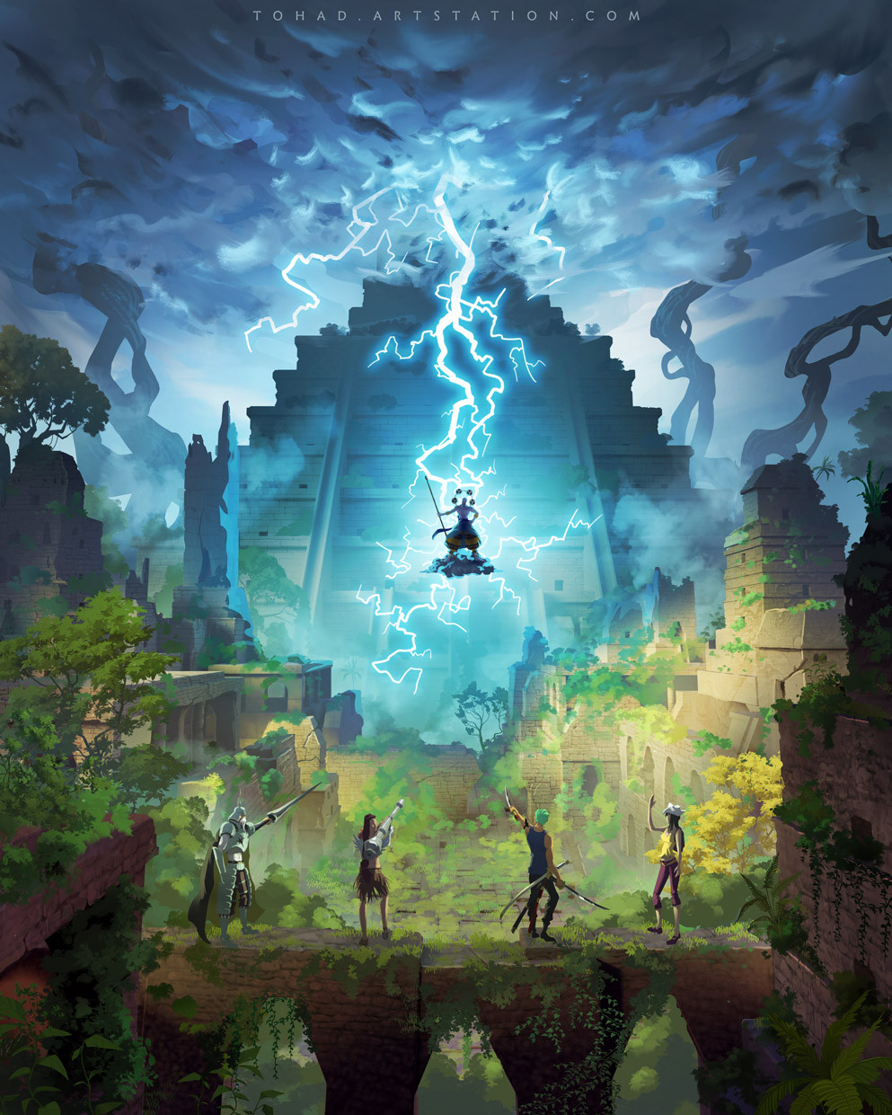 1girl, 4boys, character_request, highres, holding, holding_sword, holding_weapon, lightning, multiple_boys, nico_robin, one_piece, outdoors, roronoa_zoro, ruins, sword, sylvain_sarrailh, weapon