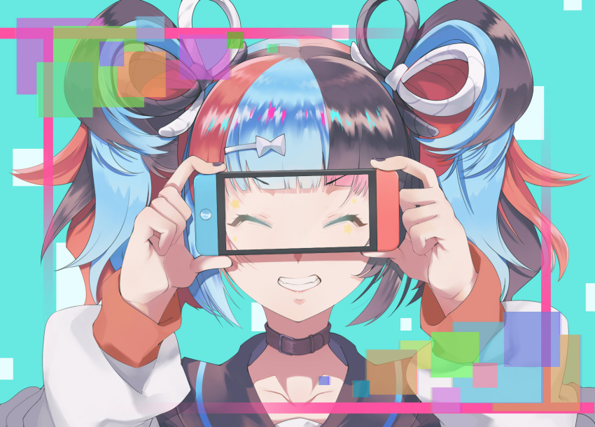 1girl, aro_uta, black_nails, cellphone, closed_eyes, collar, fate/grand_order, fate_(series), grin, hair_ornament, hairclip, highres, jacket, multicolored_hair, phone, sei_shounagon_(fate), smartphone, smile, twintails, white_jacket