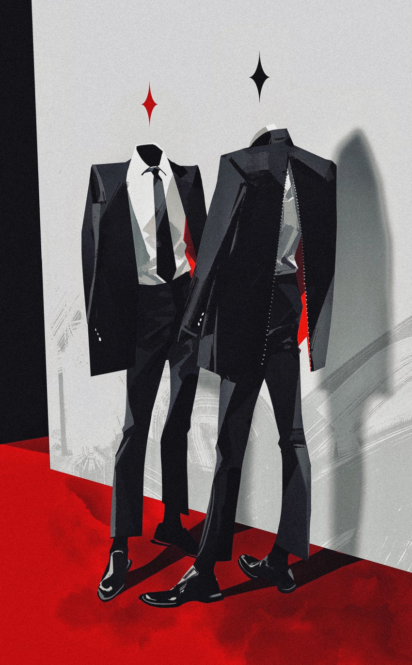 2boys, black_footwear, black_jacket, black_necktie, black_pants, black_socks, black_suit, dress_shoes