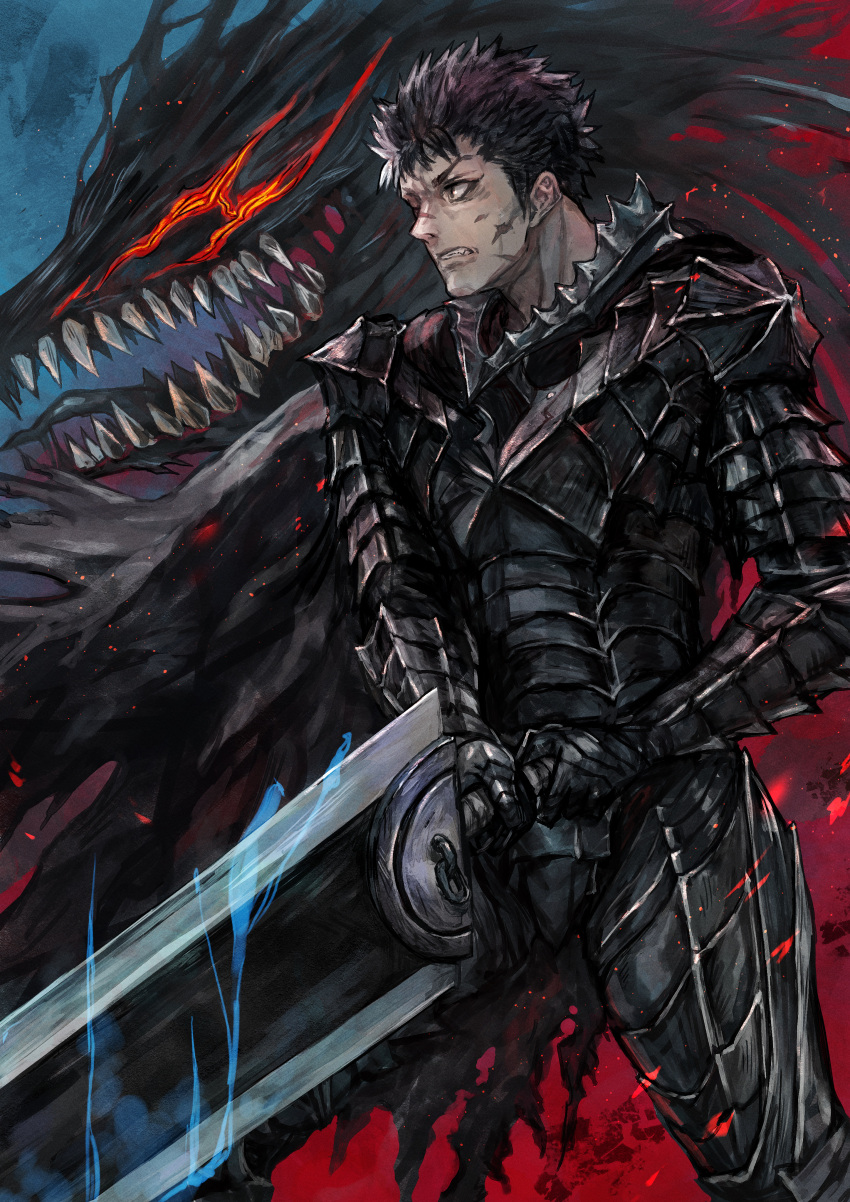 1boy, absurdres, armor, beast_of_darkness_(berserk), berserk, berserker_armor, black_armor, black_cloak
