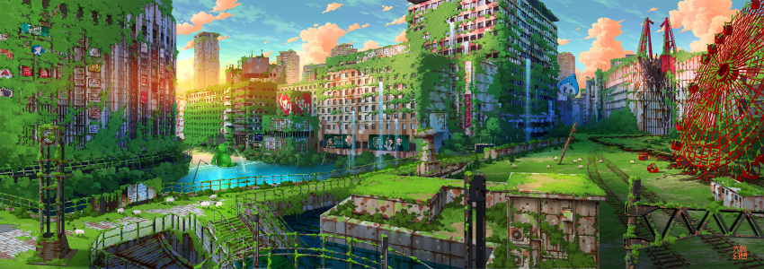blue_sky, building, city, cityscape, clouds, commentary_request, day, fantasy