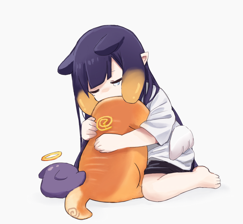 1girl, aged_down, bangs, bread, dog, food, holding, hololive