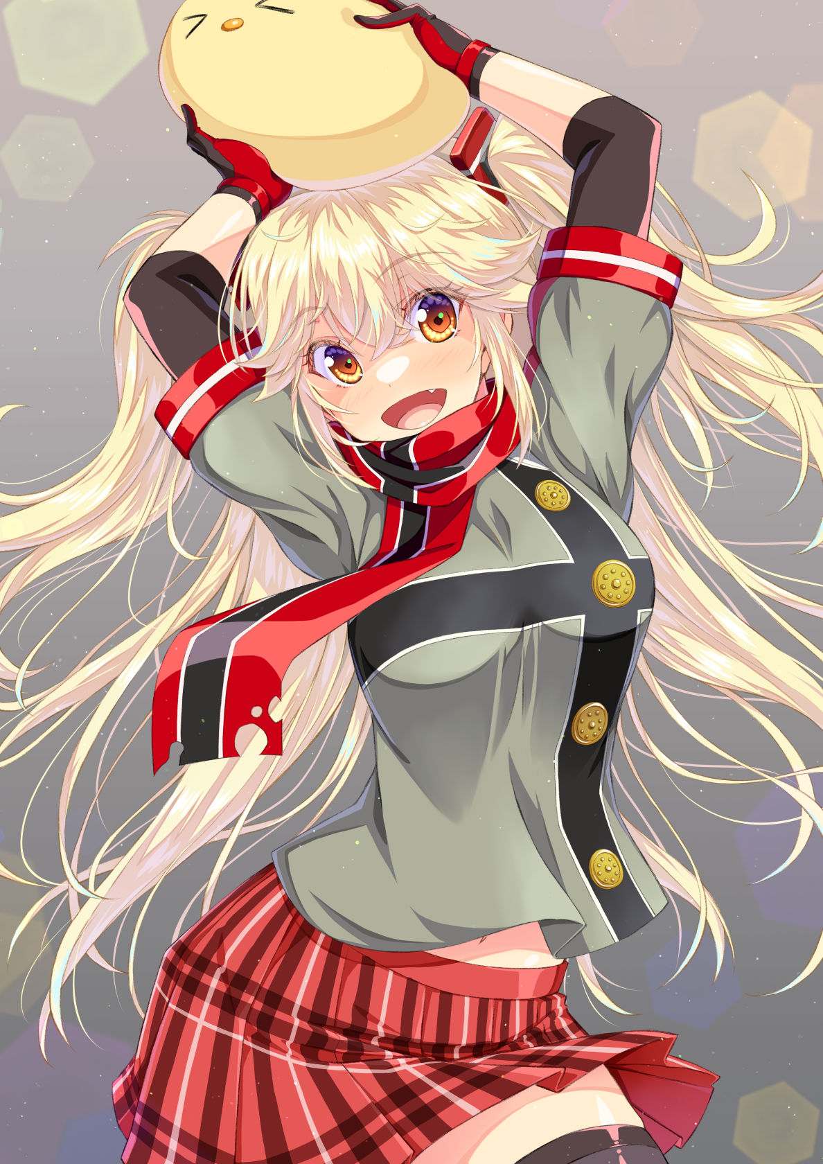 1girl, arms_up, azur_lane, blonde_hair, bluecher_(azur_lane), carrying_overhead, cross, fang