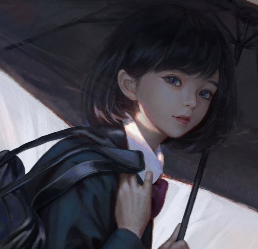 1girl, bag, black_hair, blue_eyes, bow, bowtie, day, highres