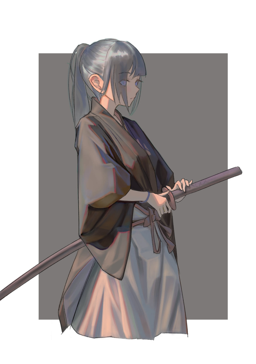1girl, border, brown_kimono, cropped_legs, grey_eyes, grey_hair, highres, holding