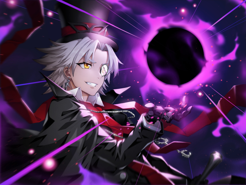 1boy, amakusa_shirou_(fate), amakusa_shirou_(phantom_thief)_(fate), bangs, black_coat, black_gloves, black_headwear, black_suit, brown_eyes, cane, casting_spell, chinese_commentary, coat, collared_shirt, commentary_request, dark-skinned_male, dark_skin, earrings, fate/apocrypha, fate/grand_order, fate_(series), formal, gloves, hat, highres, holding, holding_cane, jewelry, key_necklace, long_sleeves, looking_away, magic, male_focus, mask_on_hat, miti_demon, monocle, necklace, necktie, official_alternate_costume, parted_bangs, red_necktie, shirt, smile, solo, stole, suit, teeth, top_hat, upper_body, white_hair, white_shirt