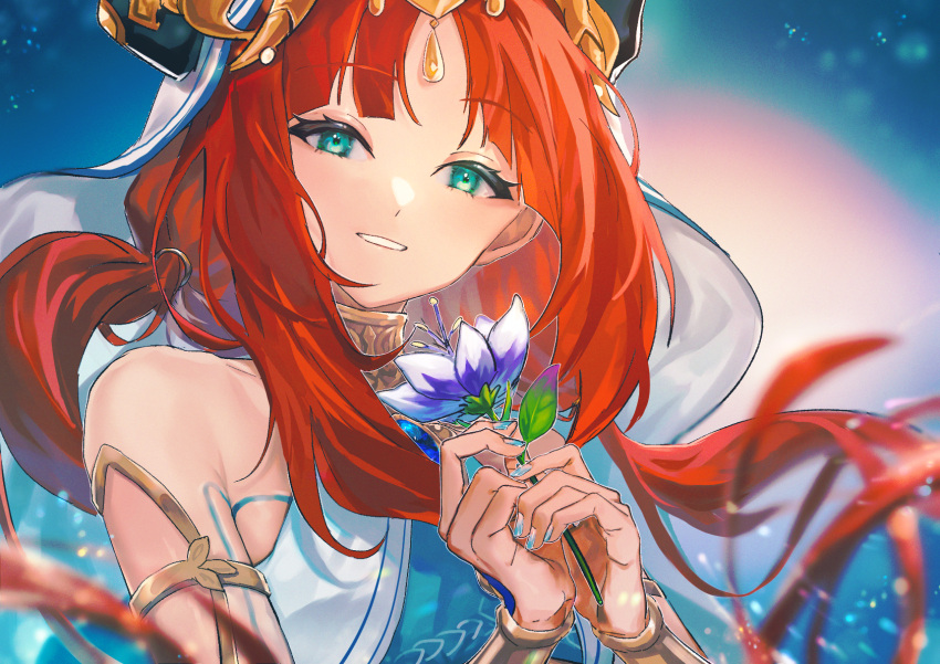 1girl, bangs, bare_shoulders, flower, forehead_jewel, genshin_impact, green_eyes, grin