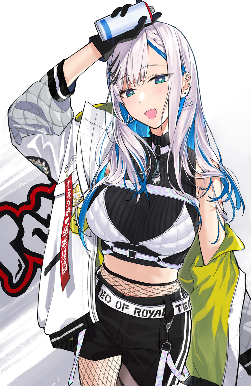 1girl, :d, aqua_eyes, belt, blue_hair, colored_inner_hair, crop_top, earrings