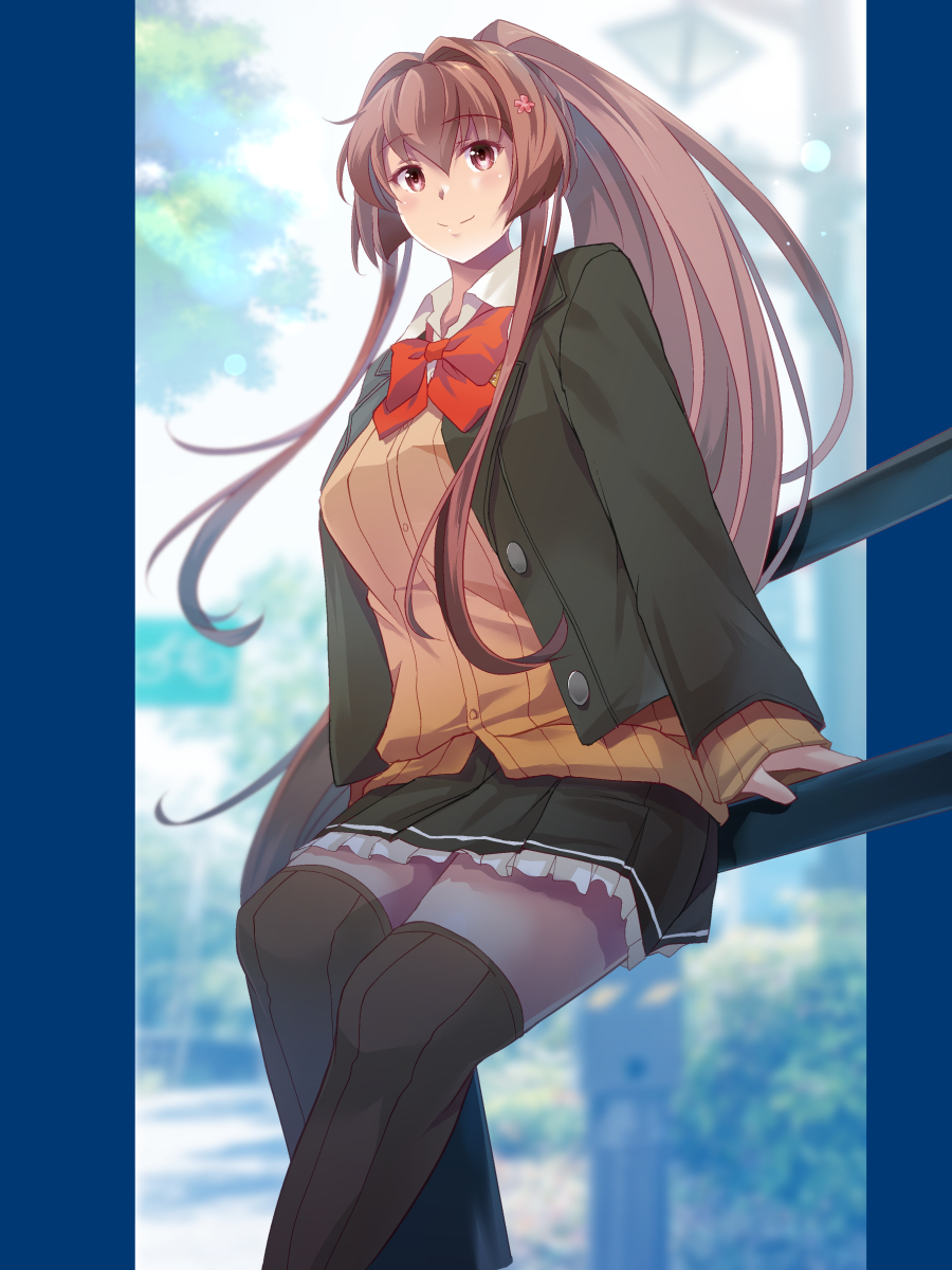 1girl, blazer, bow, bowtie, brown_eyes, brown_hair, brown_jacket, brown_skirt