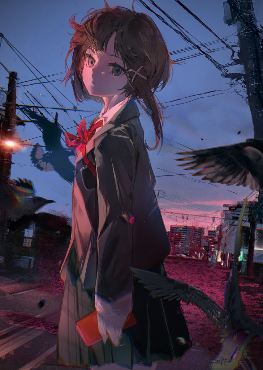 1girl, absurdres, arm_at_side, bangs, bird, black_skirt, blue_sky, brown_hair