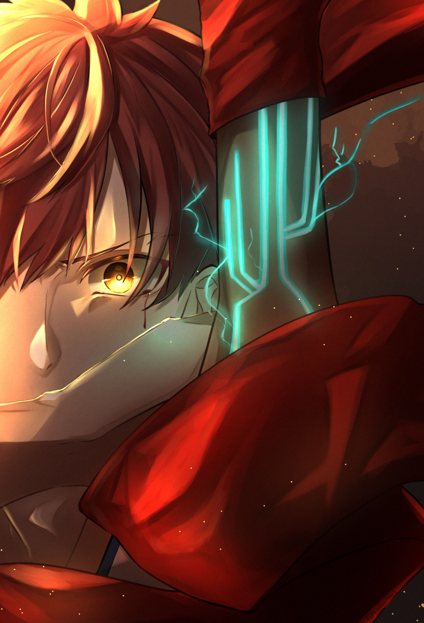 1boy, emiya_shirou, energy, fate/stay_night, fate_(series), glowing_eyes, glowing_lines, highres