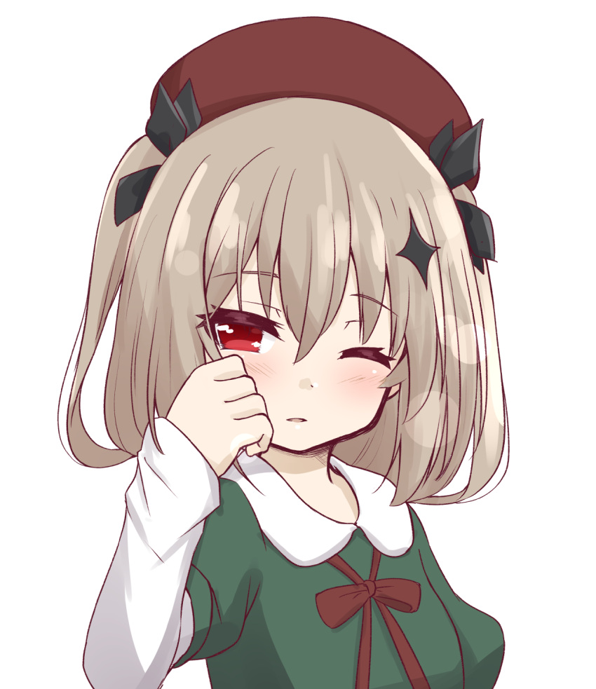 1girl, bangs, beret, black_bow, blush, bow, brown_headwear, brown_ribbon
